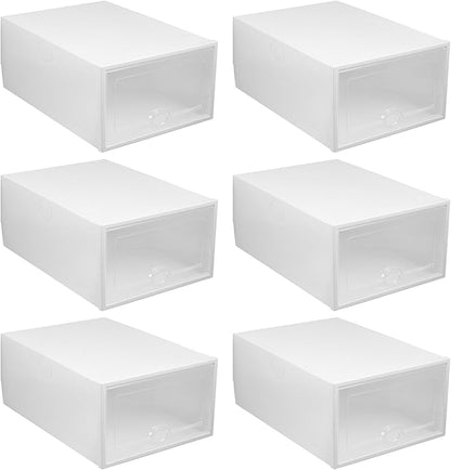 GLEAVI 6 Pcs Plastic Shoe Boxes with Flip- Design, Stackable Shoe Storage Organizer for Closet and Home, White 33x23x14cm