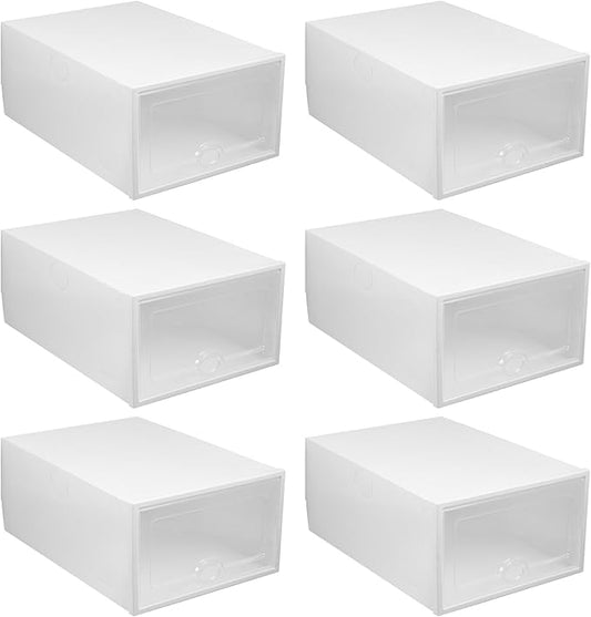 Luxshiny 6pcs Plastic Shoe Storage Boxes with Drawer-style Flip Lid, Stackable Shoe Organizer Containers 33x23x14cm for Closet and Home Organization