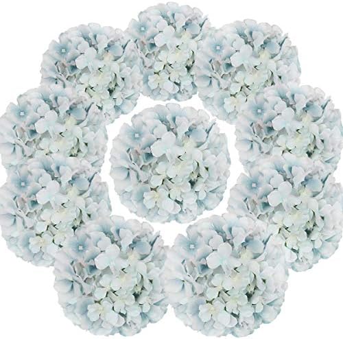 Silk Hydrangea Heads Artificial Flowers Heads with Stems for Home Wedding Decor,Pack of 10 (Lake Blue) by Flojery