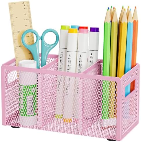 Marbrasse Mesh Pen Holder for Desk, Pencil Holder Desk Organizer 3 Adjustable Compartments, Pencil Cup with Handle Perfect for Classroom, Office, Home, Makeup, Art (Pink) by Marbrasse