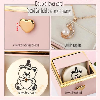Magic Flip Jewelry Carousel with Heart Button Surprise, Rotating Transparent Gift Box - Bear Cake or Flower Design Organizer for Necklaces & Rings, Birthday Mothers Day Gifts for Women (Red Flower)