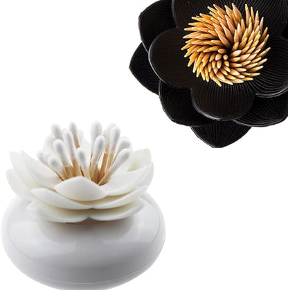 Bloss 2 Pack Qtip Holder Dispenser with Lid Lotus Cotton Swab Holder Cotton Swabs Bud Small QTips Box Toothpicks Holder Flower Bathroom Decor (Black + White)…