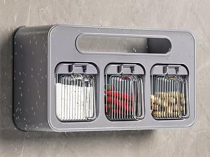 Spice Box, Wall Mounted Spice Box,Wall Mounted Durable Multi Condiment Dispenser Bottle Kitchen Spice Spot for Sugar Food Storage, 3 Grids stylish look