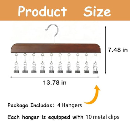 4 Pack Hat Hangers for Closet Display, Wooden Hat Storage Organizer with 40 Metal Clips for Baseball Caps, Summer Hat Rack for Beanie, Skullies, Visors, Walnut Brown Color