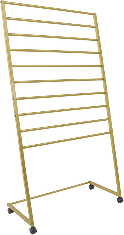 Gold Scarf Display Stand Rolling 10-Tier Scarf Hanger Stand Metal Scarf Holder Organizer with Wheels Freestanding Scarf Rack for Clothing Store Shop Home Bedroom Tie Pants Organization, Gold