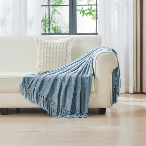 CozeCube Chenille Throw Blanket, Dusty Blue Fringe Blanket, 60"X80" - Image 3