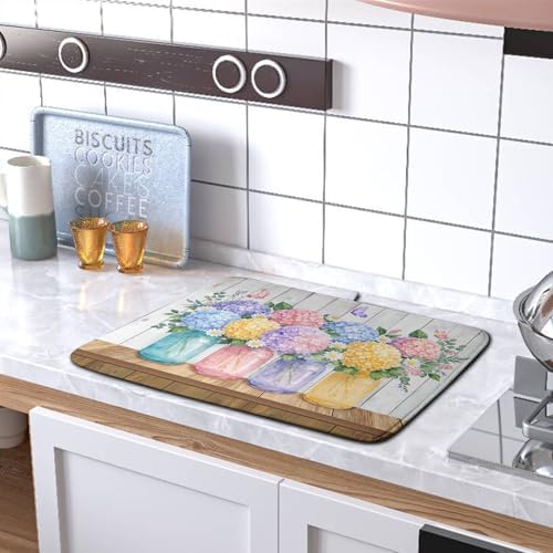 Hydrangea Dish Drying Mat for Kitchen Counter Spring Summer Floral Vases dish mat Microfiber Absorbent Dish Drainer Pad Rustic Farmhouse Floral Wooden Board Dish Draining Mats 18x24 Inch - Image 5