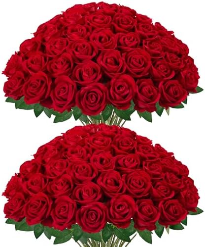 InnoGear Red Roses Artificial Flowers 50 Pcs Fake Velvet Silk Rose Floral by InnoGear