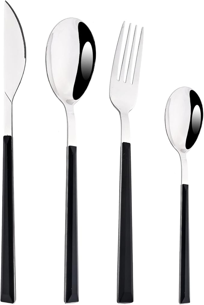24Pcs Black Handle Silver Flatware Silverware Set, Stainless Steel Cutlery Set for 6, Square Handle Eating Utensils, Mirror Polished for Home Kitchen Bar Restaurant
