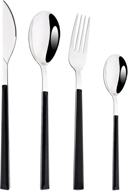24Pcs Black Handle Silver Flatware Silverware Set, Stainless Steel Cutlery Set for 6, Square Handle Eating Utensils, Mirror Polished for Home Kitchen Bar Restaurant