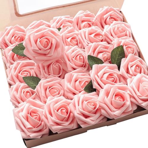 Floroom Artificial Flowers 25pcs Realistic Peach Pink Foam Fake Roses with Stems for DIY Wedding Bouquets Bridal Shower Centerpieces Floral Arrangements Party Tables Home Decorations by Floroom