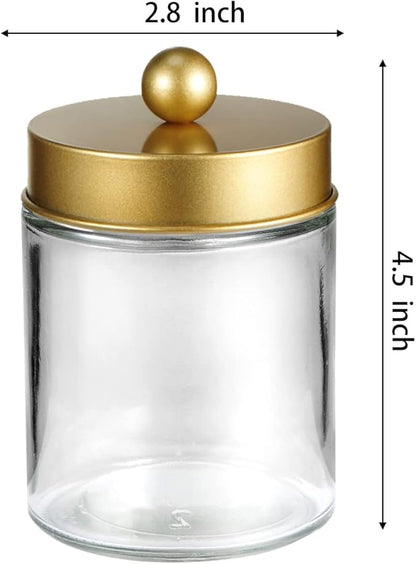 Apothecary Jar Canisters Bathroom Vanity Organizer - Qtip Holder Storage Organizer Countertop -Stainless Steel Lids &Cute Stickers for Qtips,Cotton Swabs,Makeup Sponges,Floss(3 Pack) (Gold)