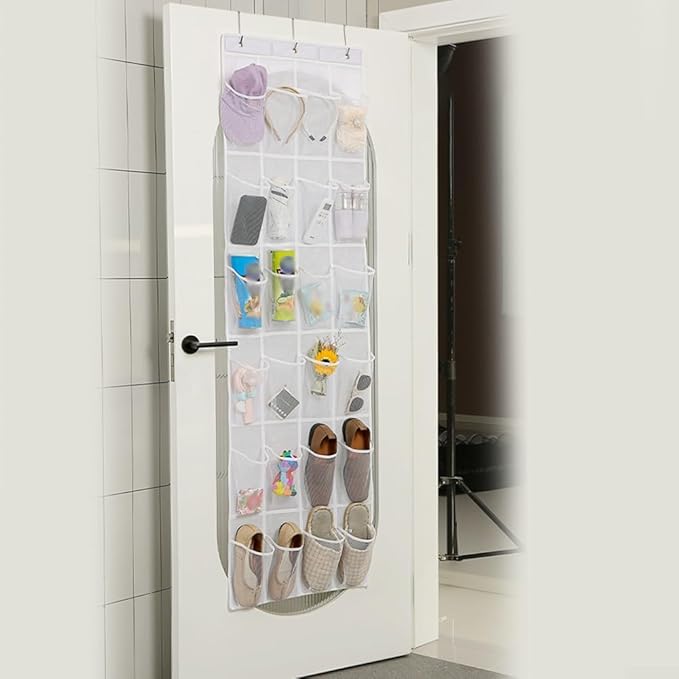 Hanging Over Door Shoes Organizer With 24 Or 28 Pockets, Space Saving Storage Rack For Shoes Slippers Belts Scarves Accessories, Includes Metal Hooks, White Or Gray(24 Pocket white)