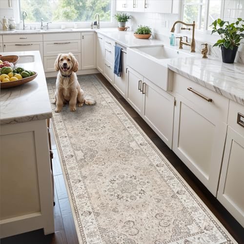 Hallway Washable Runner Rug - 3x10 Kitchen Rugs Entryway Rug Runner Vintage Soft Floor Mat Non Slip Indoor Farmhouse Carpet for Bathroom Living Room Bedroom (3 X 10, Beige) by HYHAOYUNLAI