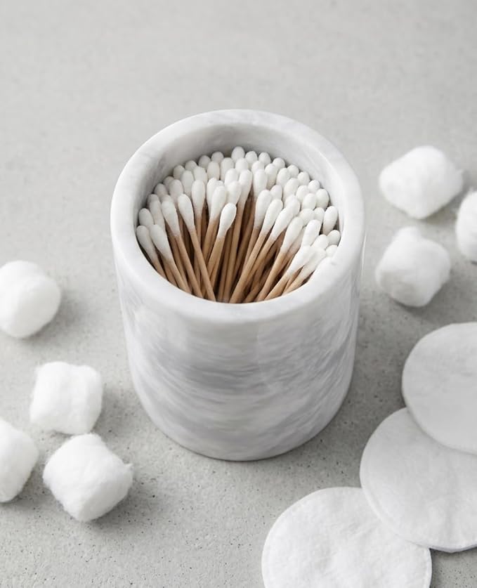Marble Q-Tip Holder for Bathroom, White Cotton Swab Dispenser, Luxury Bathroom Accessories Countertop Organizer for Cotton Balls & Cotton Rounds, Bathroom Counter Storage Canister