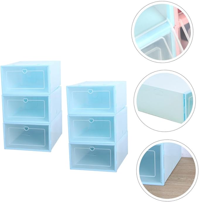 TOYANDONA 6Pcs Plastic Drawer-type Shoes Storage Boxes for Women Transparent Heart Pattern Shoe Organizers with Clamshell Lid Stackable and Reinforced Design Blue