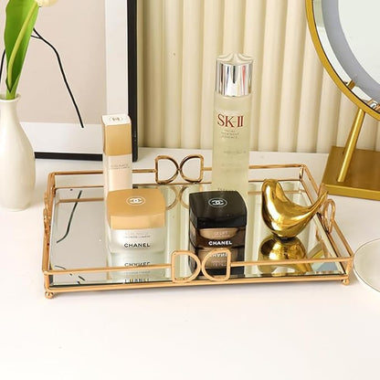 Gold Mirror Tray: Elegant Makeup/Vanity Tray, Luxury Rust-Proof Glass for Bathroom & Bedroom