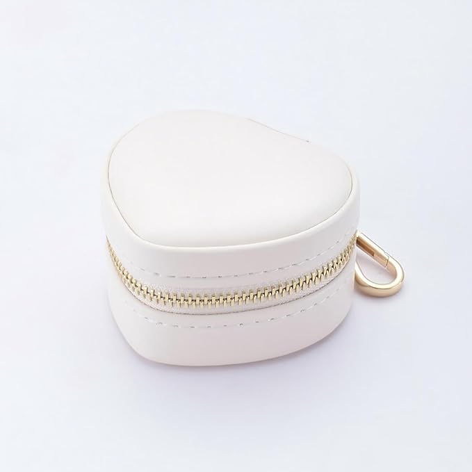 Heart Shape Ring Holder Keychain, Mini Travel Jewelry Case for Wedding Ring, Sports & Vacation, Portable Zipper Clutch Organizer for Earrings Necklace, Premium Gift for Women Girls (White)