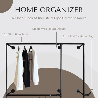 Black Industrial Pipe Clothing Rack 62.5" W Wall Mounted, Heavy Duty Iron Garment Rack 150 lbs per Rod, Open Closet Organizer for Bedroom Laundry Room Retail Display
