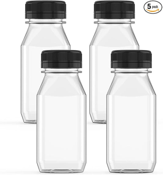 Hulless 6 Ounce Plastic Juice Bottle Drink Containers 5 Pcs Juicing Bottles with Black Lids, Suitable for Juice, Smoothies, Milk and Homemade Beverages