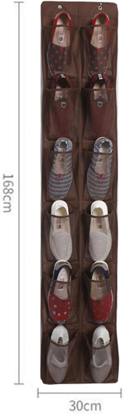 Over The Narrow Door Shoe Organizer With 12 Pockets Hanging Closet Door Space Saving Hanging Shoe Holder For Maximizing Shoe Storage(Brown), 168x30cm