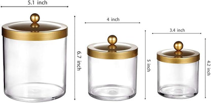 SheeChung 3-Pack Plastic Apothecary Jars with Gold Metal Lids - Large 50oz, 25oz & 15oz Clear Acrylic Storage Set - Shatterproof Modern Luxury Vanity & Home Organizer - Glam Decor