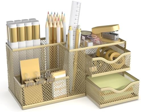 Mesh Desk Organizer with 2 Drawers, Metal Pen Holder for Desk, Gold by Unknown
