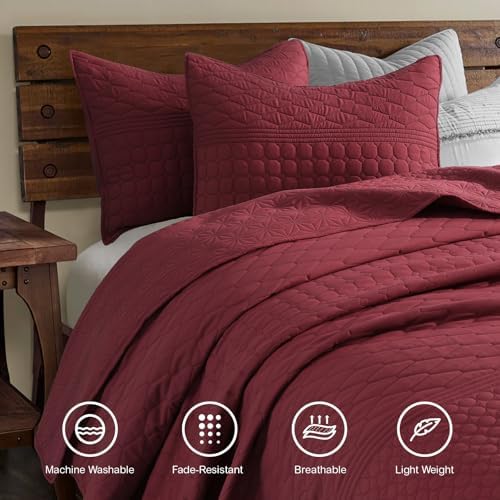 HORIMOTE HOME Burgundy Red King Size Quilt Set - Soft Microfiber Bedspread with 2 Shams, Lightweight & All-Season Geometric Coverlet for Cozy Bedding - Image 2