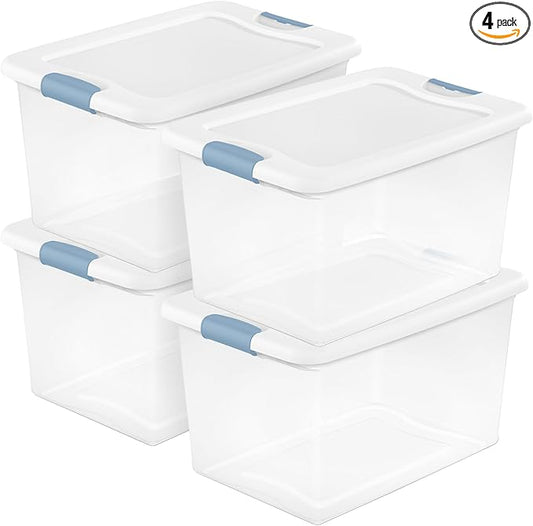 Sterilite 4-Pack 64 Quart Latching Box, Clear Plastic Storage Organizer Bins with White Lids - Large Stackable Containers for Home Bedroom, Dorm Room, and Closet Organization