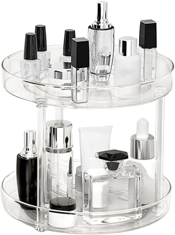 360° Rotating Makeup Organizer, Adjustable Spinning Cosmetic Carousel with Brush Holder and Perfume Tray - Large Capacity Clear Display Case for Vanity and Bathroom Countertop (Double-Deck)