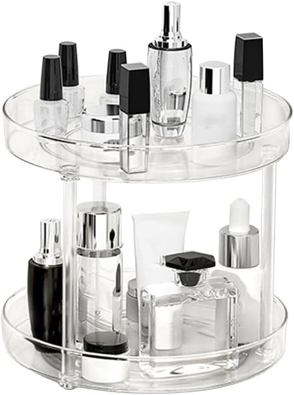 360° Rotating Makeup Organizer, Adjustable Spinning Cosmetic Carousel with Brush Holder and Perfume Tray - Large Capacity Clear Display Case for Vanity and Bathroom Countertop (Double-Deck)