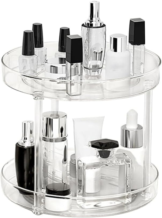 360° Rotating Makeup Organizer, Adjustable Spinning Cosmetic Carousel with Brush Holder and Perfume Tray - Large Capacity Clear Display Case for Vanity and Bathroom Countertop (Double-Deck)