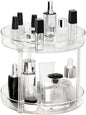 360° Rotating Makeup Organizer, Adjustable Spinning Cosmetic Carousel with Brush Holder and Perfume Tray - Large Capacity Clear Display Case for Vanity and Bathroom Countertop (Double-Deck)