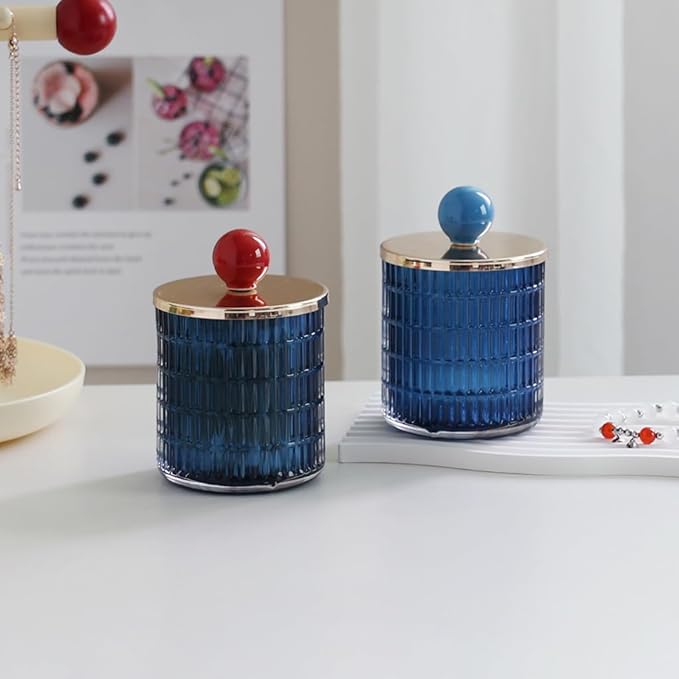 WAIT FLY Embossed Glass Cotton Swabs Dispenser with Lid Bathroom Cup Bathroom Vanity Organizer-Blue