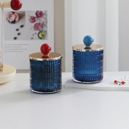 WAIT FLY Embossed Glass Cotton Swabs Dispenser with Lid Bathroom Cup Bathroom Vanity Organizer-Blue