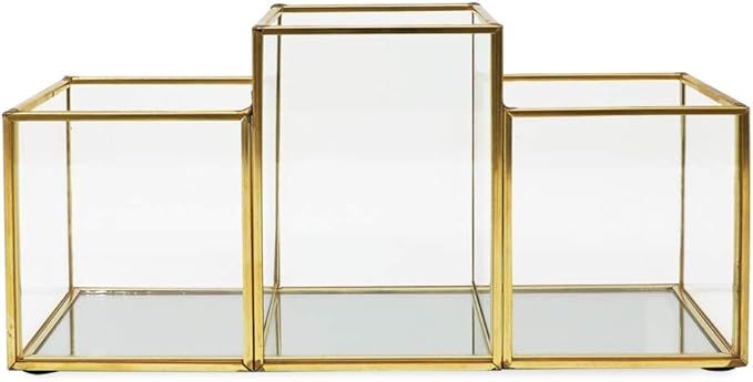 Isaac Jacobs 3-Compartment Makeup Brush Holder, Vintage Style Brass and Glass Organizer, (9.3” L x 3.1" W x 4.5" H) Storage Solution with Mirror Base & Taller Center Slot, for Makeup, Crafts, & More