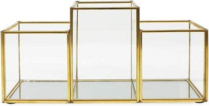 Isaac Jacobs 3-Compartment Makeup Brush Holder, Vintage Style Brass and Glass Organizer, (9.3” L x 3.1" W x 4.5" H) Storage Solution with Mirror Base & Taller Center Slot, for Makeup, Crafts, & More