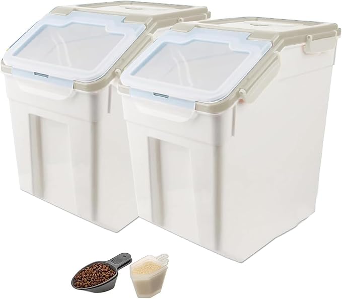 RUIAN 2Pcs Large Flour Storage Container Bin 50Lb Airtight Rice Storage Containers with Wheels Seal Locking Lid, BPA Free with Measuring Cup&Scoop for Flour, Rice, Grain 100LBS Total (Grey)