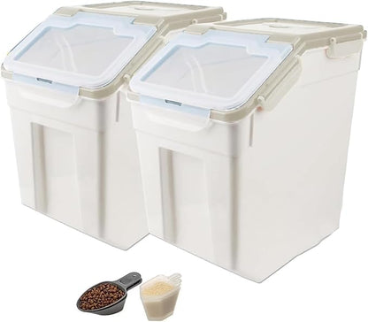 RUIAN 2Pcs Large Flour Storage Container Bin 50Lb Airtight Rice Storage Containers with Wheels Seal Locking Lid, BPA Free with Measuring Cup&Scoop for Flour, Rice, Grain 100LBS Total (Grey)