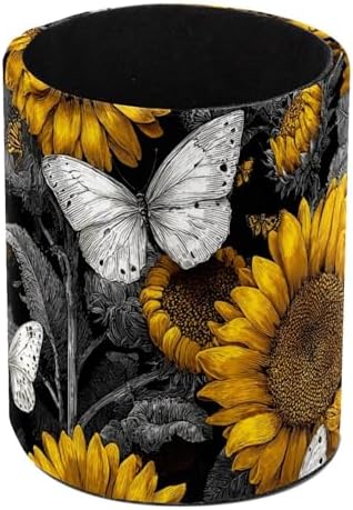 Leather Pen Holder for Desk, Sunflower Butterfly Pencil Cup Pen Organizer Makeup Brush Holder for Office Home Kids Countertop Desk Accessory Storage by Unknown