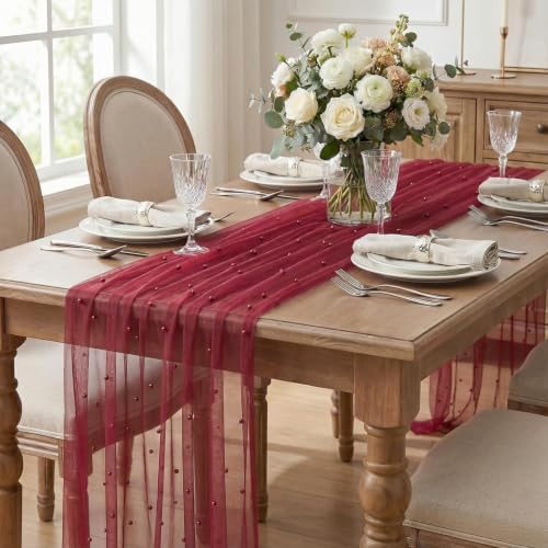 Artoid Mode Pearl Burgundy Gauze Table Runner 10FT Home Decor - Image 3