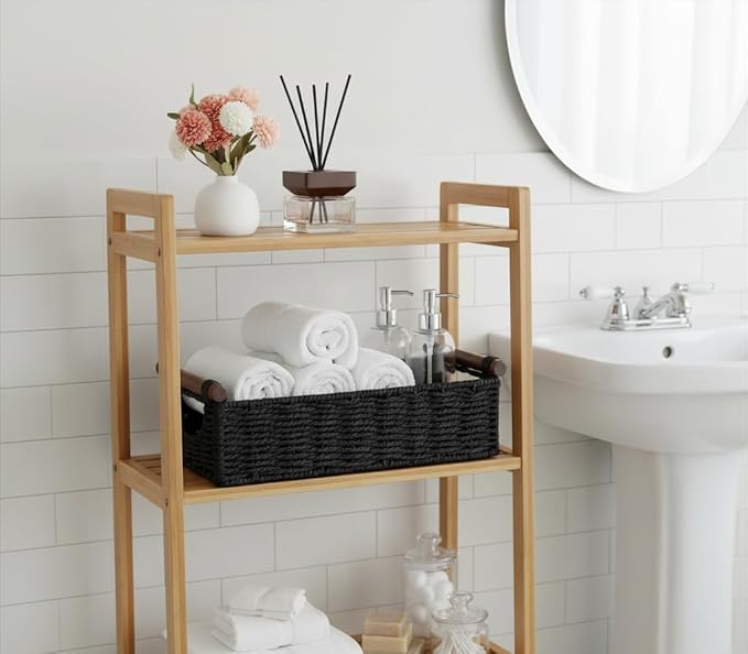 CubesLand Wicker Toilet Storage Basket Tray Organizer W/Cut Out Handle, Slim Decorative Basket for Countertop, Shelves And for Versatile Home Decor, Living Room, Nursery Organization, Black