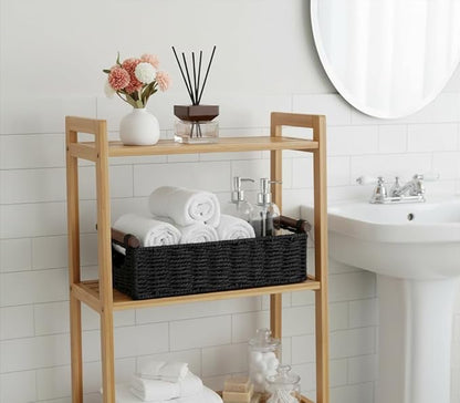 CubesLand Wicker Toilet Storage Basket Tray Organizer W/Cut Out Handle, Slim Decorative Basket for Countertop, Shelves And for Versatile Home Decor, Living Room, Nursery Organization, Black