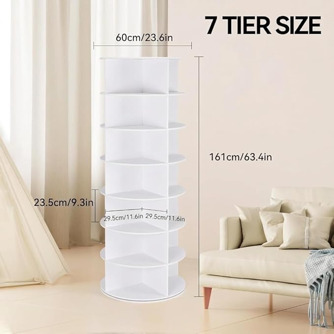 7 Tier Rotating Shoe Rack, Shoe Display with Lazy Susan, Revolving 360 Shoe Tower Storage Round Carousel, Vertical Handbag Rotate Shoes Closet Organization(23.6" W x 63.4" H)