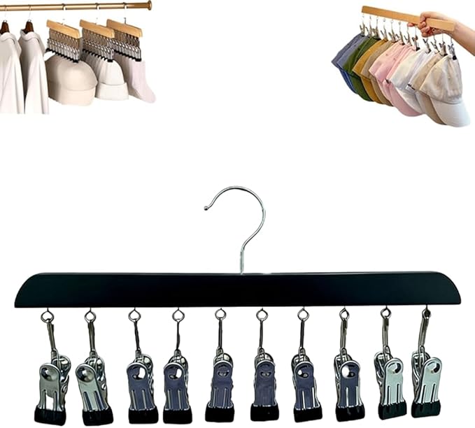 Closet Organizer with 10 Clips, Space Saving Hanging Closet Organizers Adjustable Wooden Legging Organizer for Closet, Stainless Steel Pants Hanger with Clips for Women Men (Black, 1pcs)
