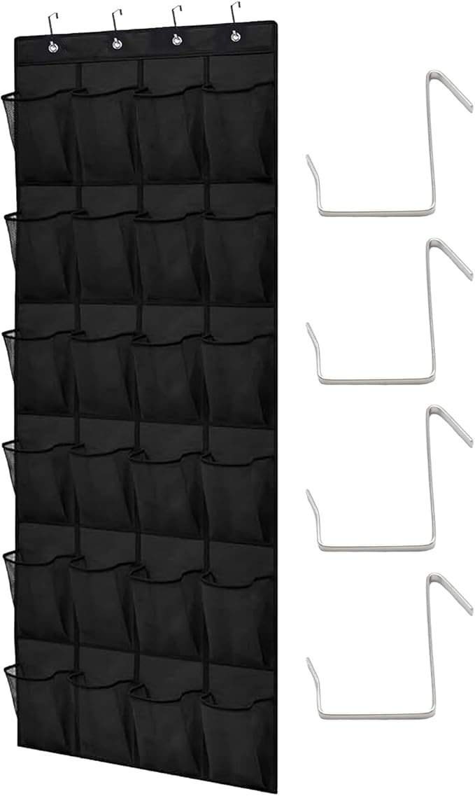Over the Door Shoe Organizer, 24 Mesh Pockets with Ventilated Design, Space Saving Storage for Shoes Accessories Bathroom Pantry