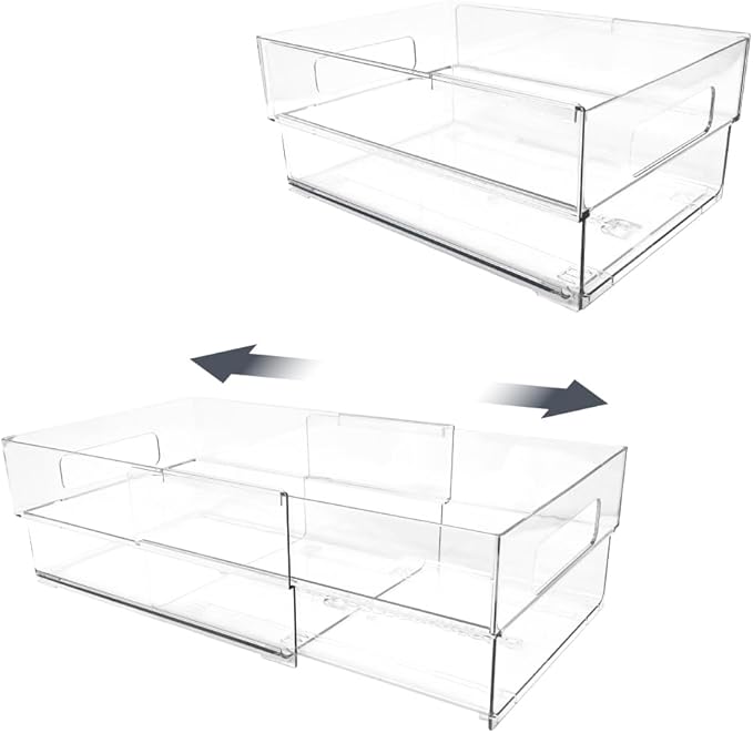 Isaac Jacobs 2-Pack Clear Expandable Storage Bins - Medium, 11"-19" L x 8.5" W x 4.8" H, Plastic Organizer with Cut-Out Handles, Adjustable Length from 11-19" for Home, Kitchen & Office