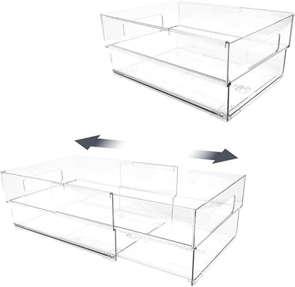 Isaac Jacobs 2-Pack Clear Expandable Storage Bins - Medium, 11"-19" L x 8.5" W x 4.8" H, Plastic Organizer with Cut-Out Handles, Adjustable Length from 11-19" for Home, Kitchen & Office