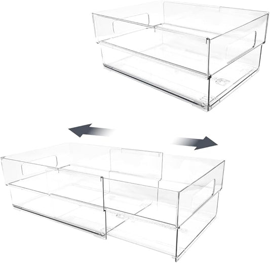 Isaac Jacobs 2-Pack Clear Expandable Storage Bins - Medium, 11"-19" L x 8.5" W x 4.8" H, Plastic Organizer with Cut-Out Handles, Adjustable Length from 11-19" for Home, Kitchen & Office