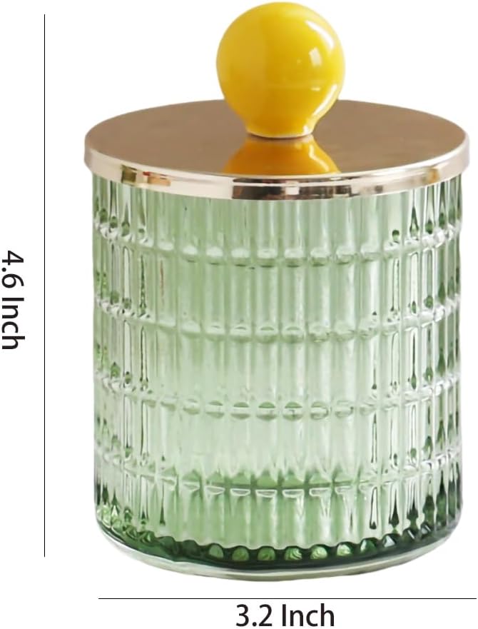 WAIT FLY Embossed Glass Cotton Swabs Dispenser with Lid Bathroom Cup Bathroom Vanity Organizer-Yellow